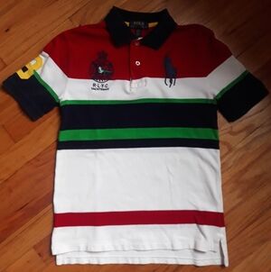 Ralph Lauren Boys Medium 10-12 Striped Kids Polo Shirt Red Blue White